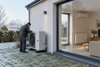 Professionnel inspectant une pompe à chaleur extérieure devant une maison, avec un radiateur et une unité intérieure visibles à travers la baie vitrée.