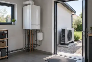 Chaudière gaz à condensation dans une pièce technique avec une unité extérieure de pompe à chaleur visible devant la maison.